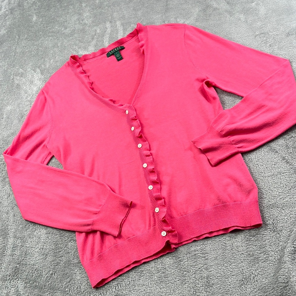 Lauren Ralph Lauren L 100% Cotton Pink Ruffle Button Down Cardigan Sweater (Flaw